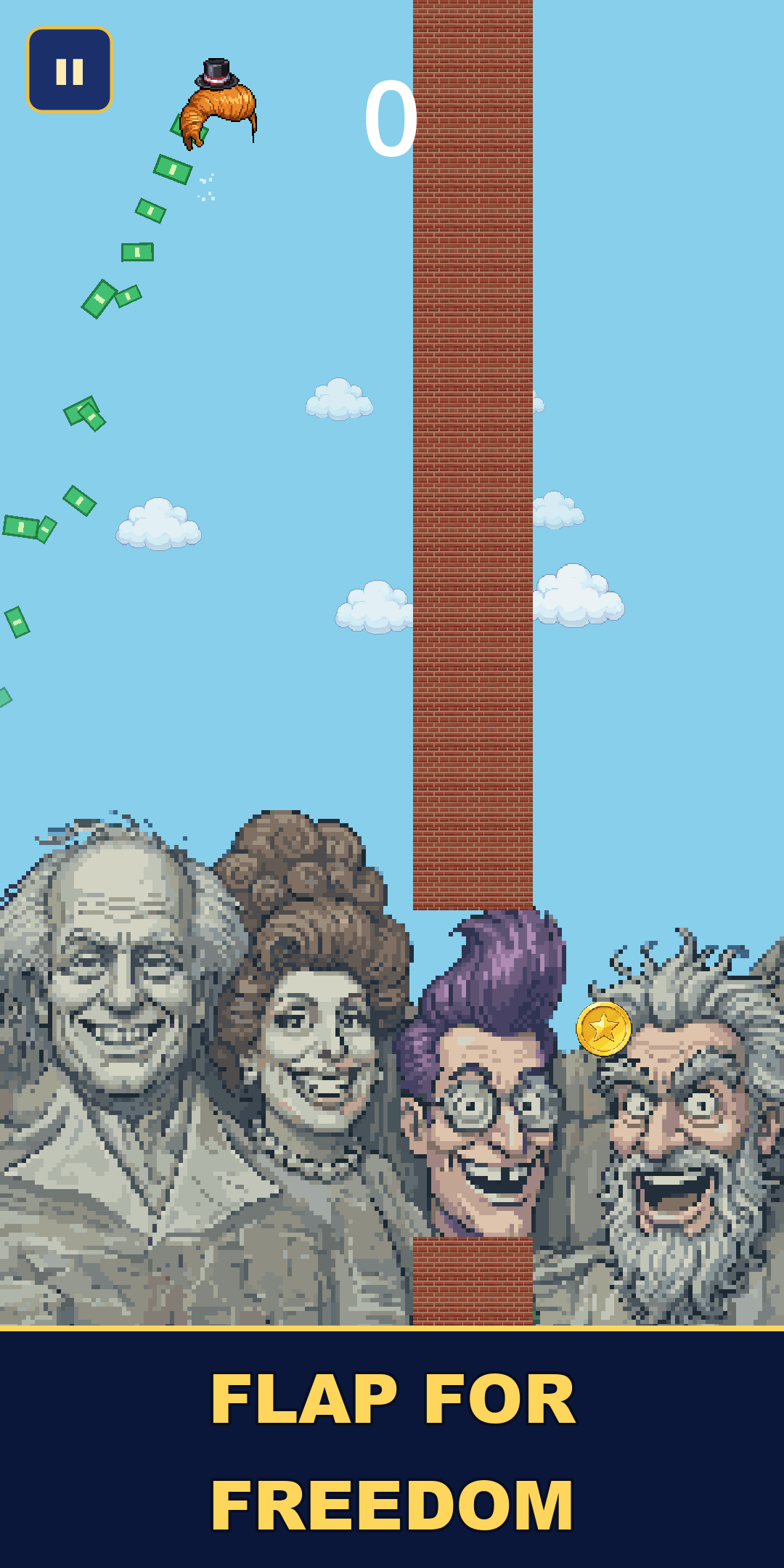Hair Force One gameplay: the hair flaps past a brick wall above a mountain of carved faces
